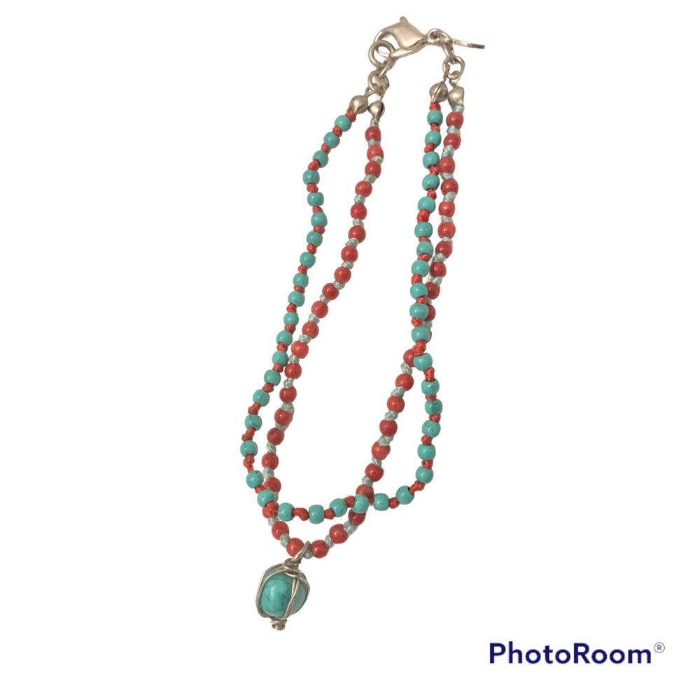 BRACELET - Red and turquoise beads with turquoise stone. Monet. 7-1/2”.